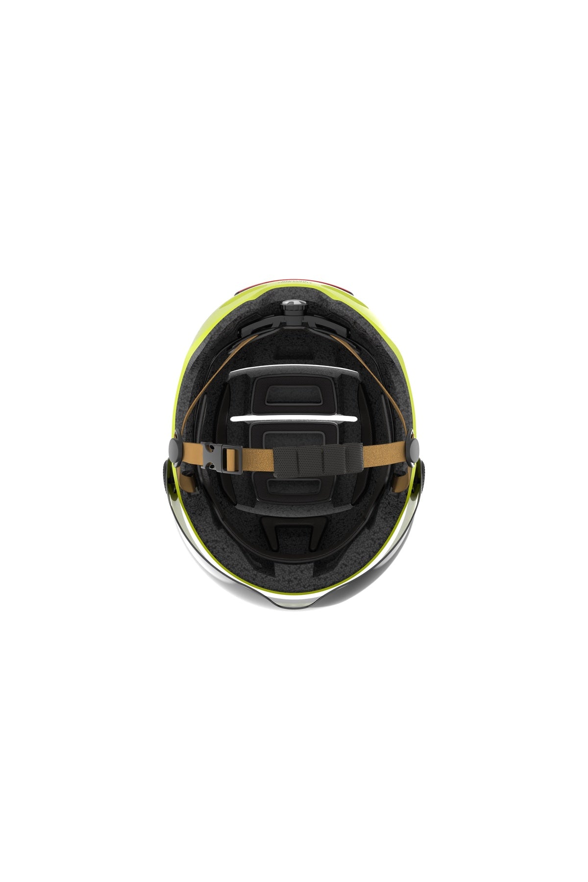 Draufsicht auf einen Schutzhelm mit Innenpolsterung, Verstellriemen und Kinnriemen vor einem weißen Hintergrund.