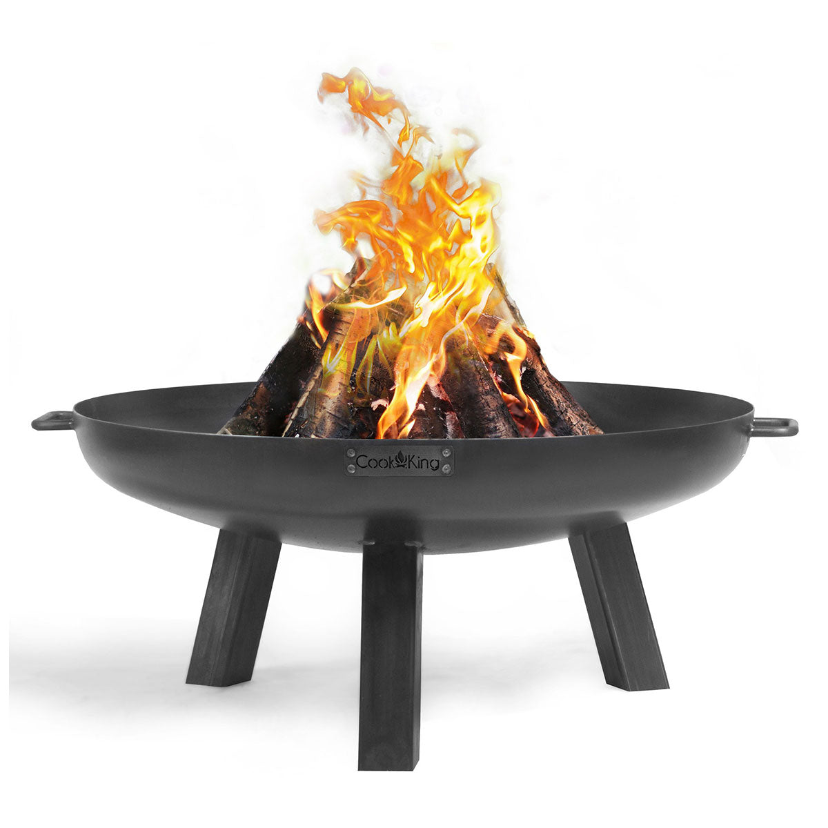 Eine schwarze Metall-Feuerstelle mit brennenden Holzscheiten und hellen Flammen auf der Oberseite, vor einem weißen Hintergrund.