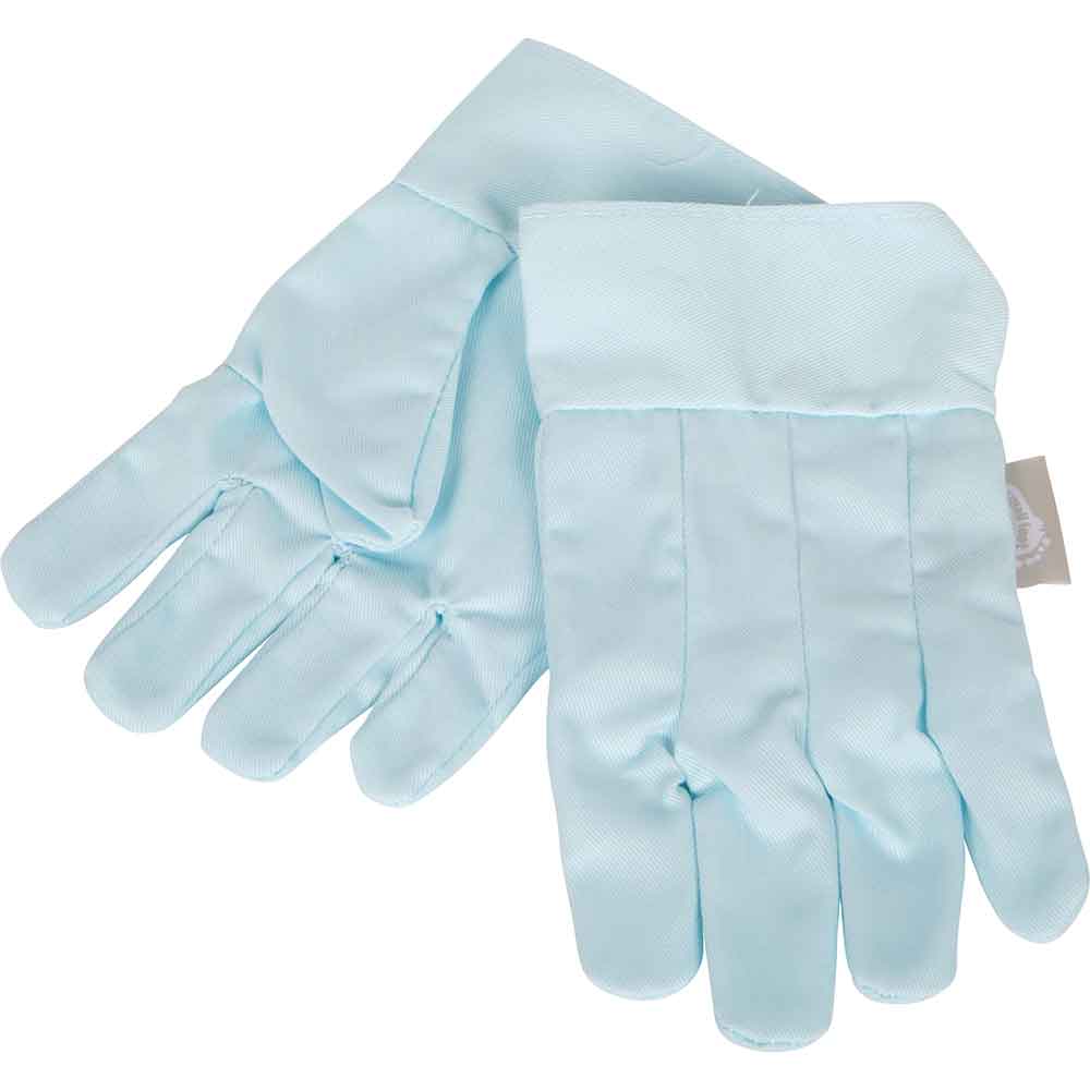 Ein Paar hellblaue Arbeitshandschuhe aus einem strukturierten Stoff, flach gelegt, wobei ein Handschuh den anderen leicht überlappt.