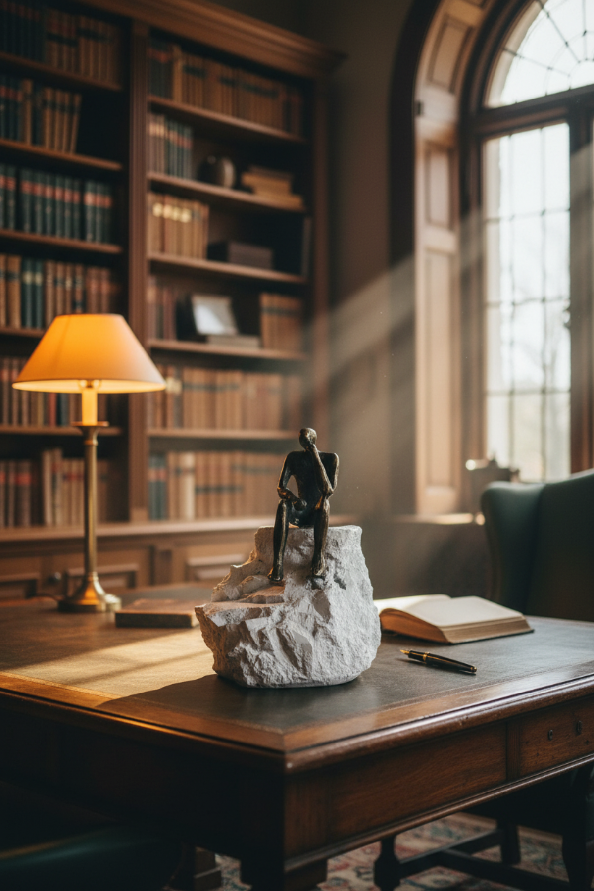 Eine Bronzeskulptur einer sitzenden Figur auf einem Felsen steht auf einem hölzernen Schreibtisch in einer Bibliothek mit Bücherregalen, einer Lampe und einem gewölbten Fenster im Hintergrund.