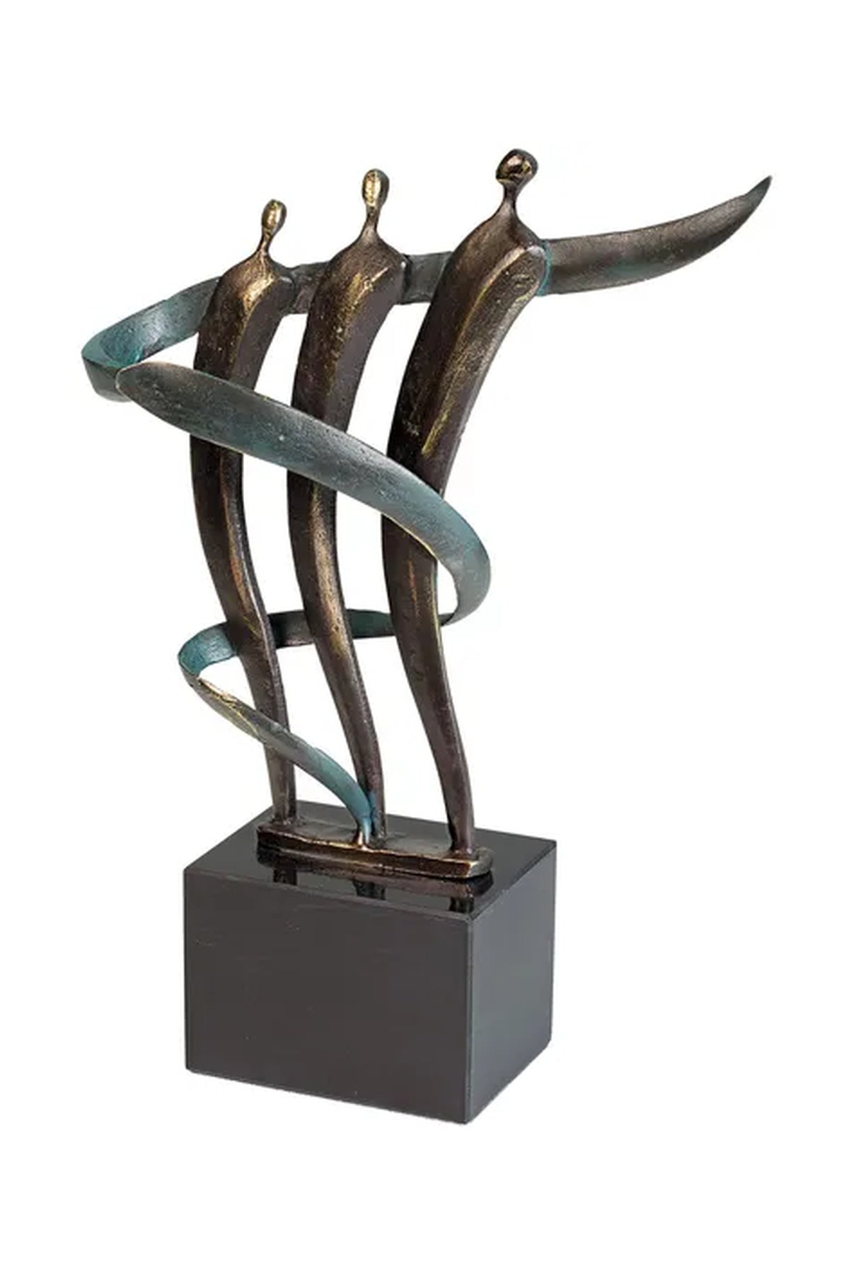 Abstrakte Bronzeskulptur dreier länglicher menschlicher Figuren mit ausgestreckten Armen, umschlungen von einem gewundenen Band, auf einem schwarzen rechteckigen Sockel.