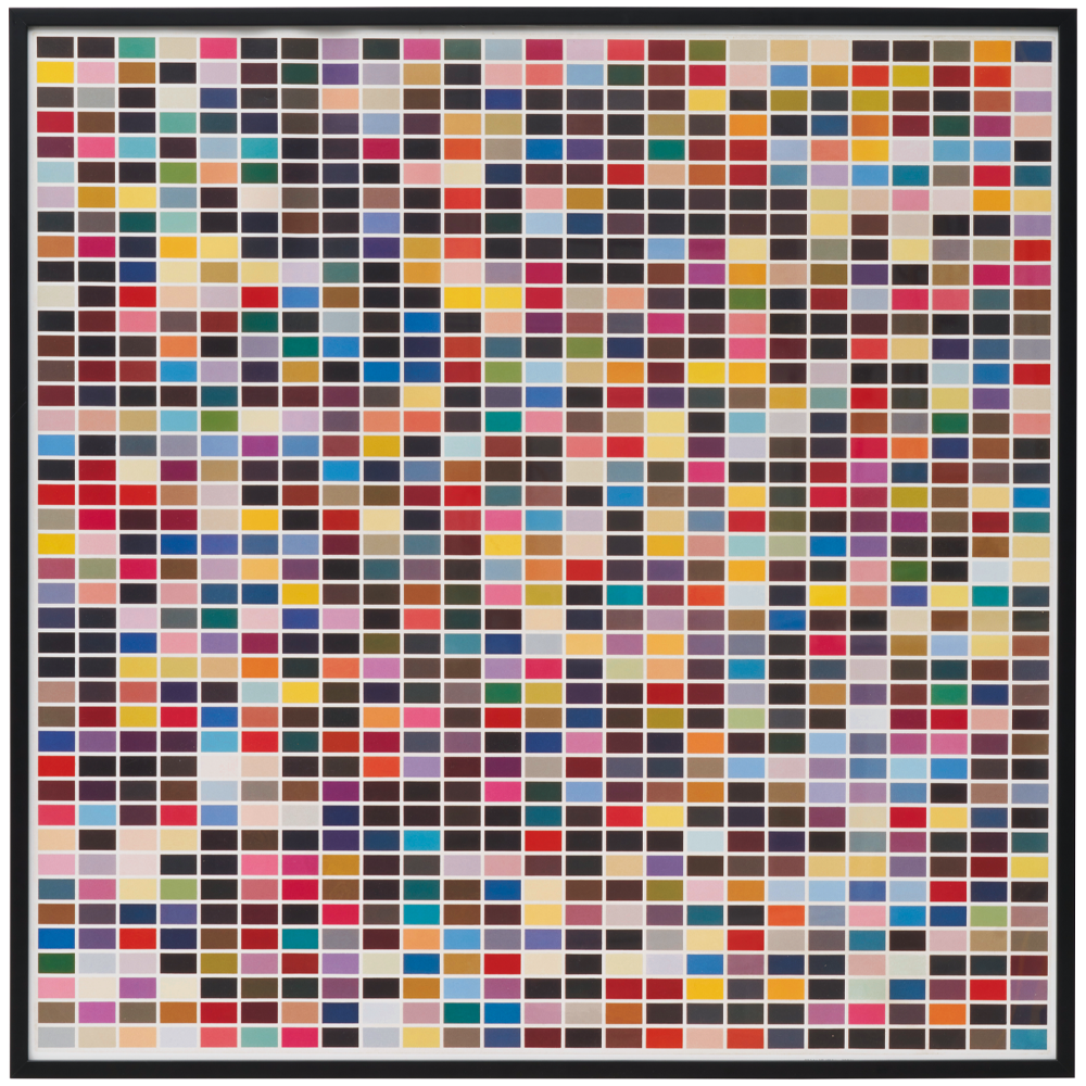 Gerhard Richter: Das Bild „1025 Farben“ (1974) zeigt ein Raster aus Hunderten kleiner, bunter Rechtecke, die in ordentlichen Reihen und Spalten angeordnet sind.