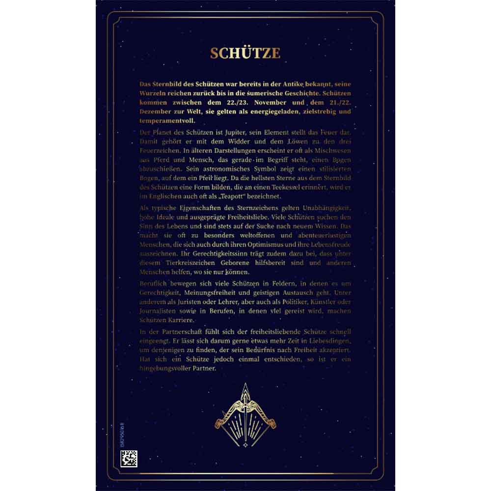 Dunkelblau-goldene Karte mit deutschem Text über das Sternzeichen Schütze, mit einem stilisierten Pfeilsymbol.