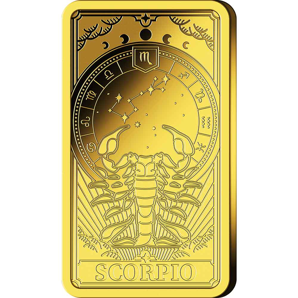Goldkarte mit einem Skorpion, Tierkreiszeichen, Sternen und Skorpion am unteren Rand.