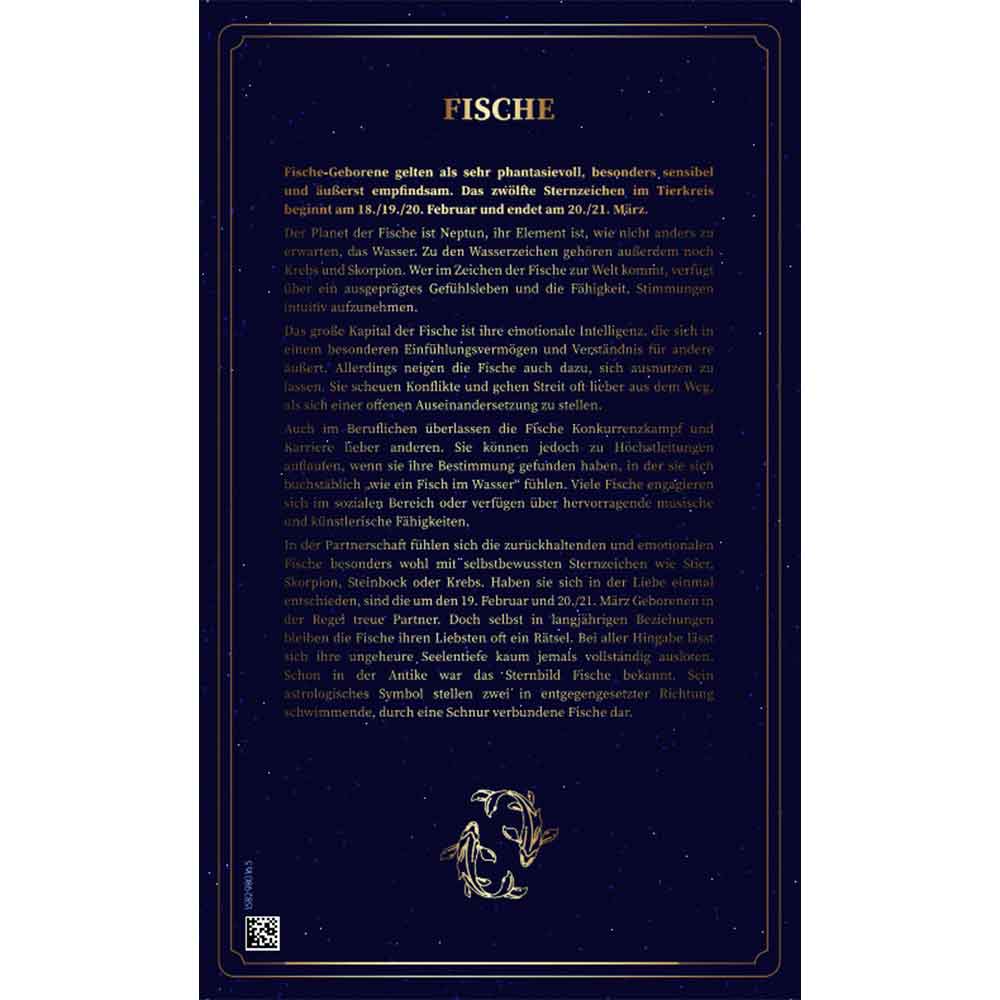 Eine dunkelblaue Seite mit goldenem Text in Deutsch über das Tierkreiszeichen Fische, mit Fisch-Illustrationen.