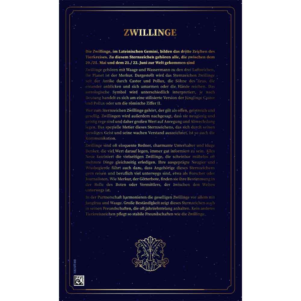 Eine dunkelblaue und goldene Textkarte mit dem Titel "ZWILLINGE" und einem beschreibenden Text über das Tierkreiszeichen Zwillinge.