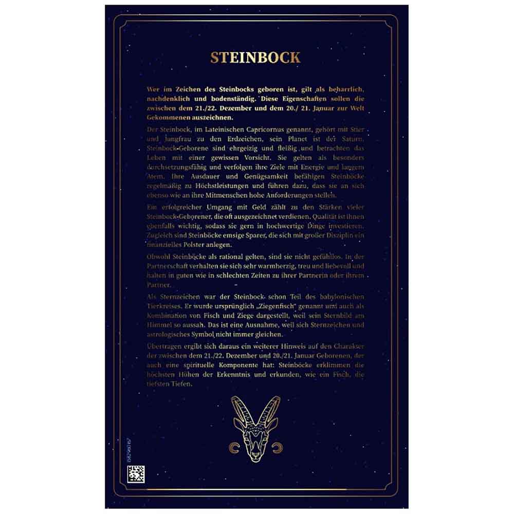 Dunkelblaues Plakat mit goldenen Rändern, deutschem Steinbock-Text und einem goldenen Steinbock-Symbol am unteren Rand.