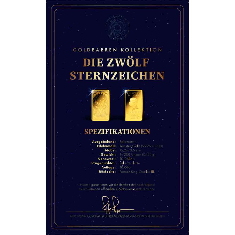 Ein Zertifikat mit zwei Goldbarren und deutschem Text mit dem Titel Die Zwölf Sternzeichen auf dunklem Sternenhintergrund.