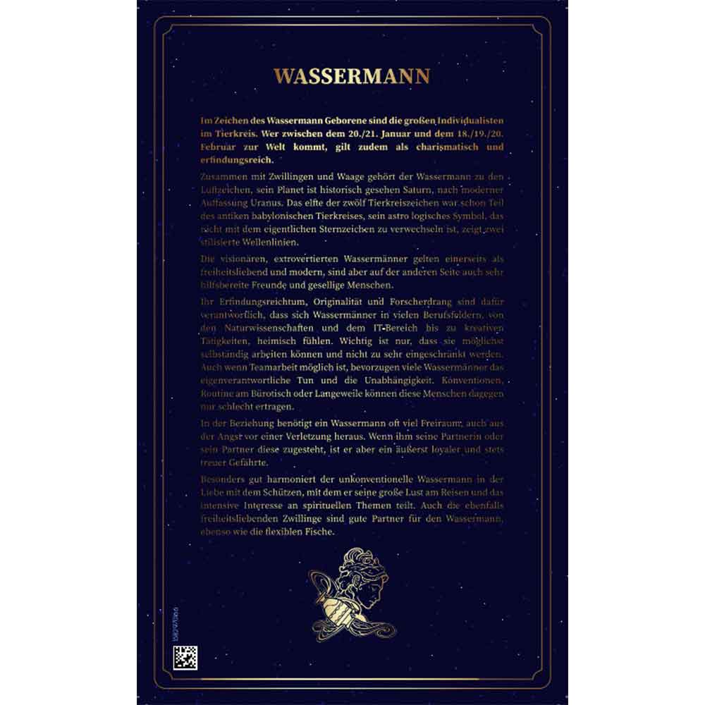 Blaues Poster mit deutschem Text über das Tierkreiszeichen Wassermann, mit dekorativen Bordüren und goldenen Akzenten.
