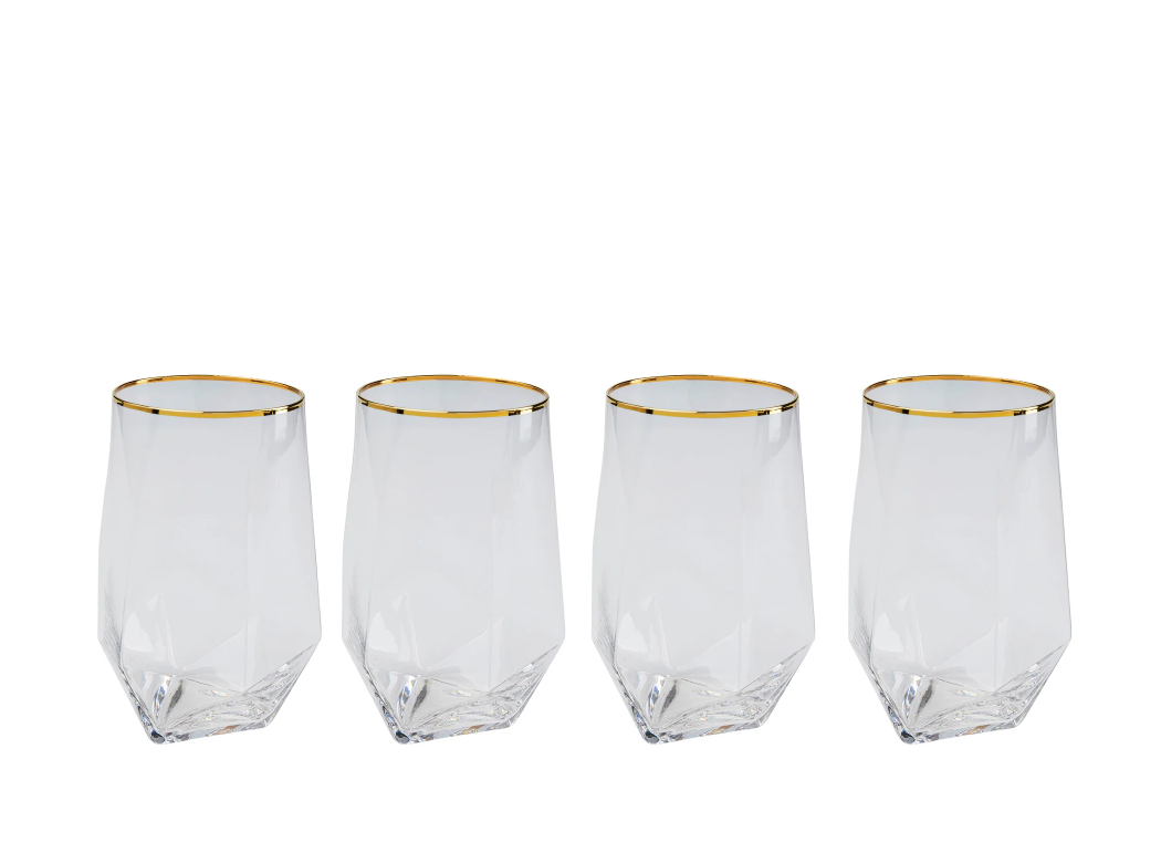 Das 4-teilige Set Wasserglas Diamond Gold Rim enthält vier klare, facettierte Gläser mit goldenem Rand, die in einer Reihe vor weißem Hintergrund angeordnet sind.