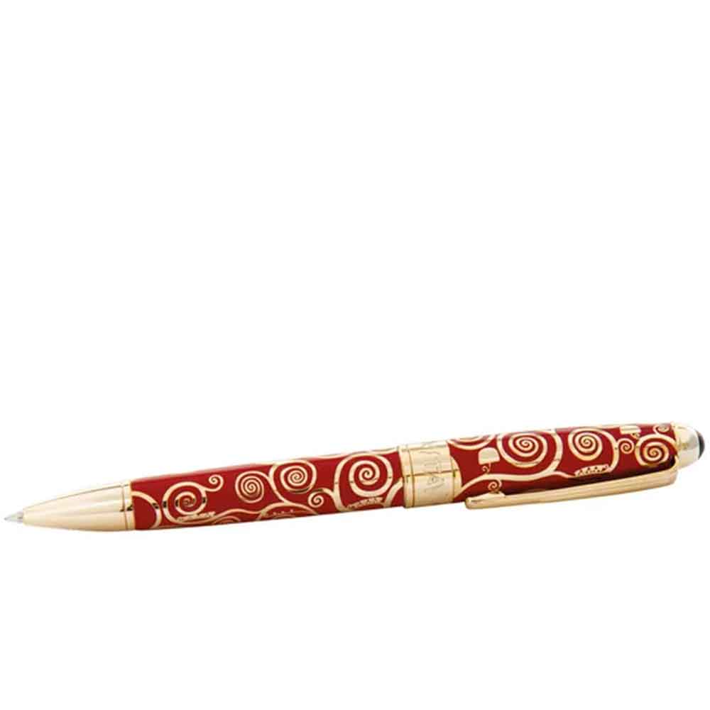 Rot-goldener Kugelschreiber mit verschnörkelten Spiralmustern und goldenen Akzenten, auf weißem Hintergrund.