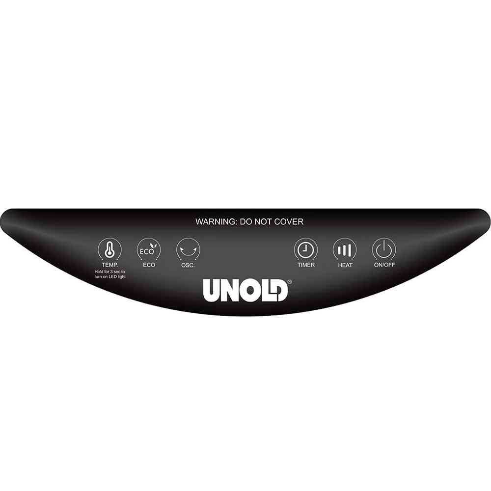 Schwarzes Unold-Bedienfeld mit Symbolen für Temperatur, Eco, Oszillation, Timer, Heizung und Ein/Aus-Funktionen.
