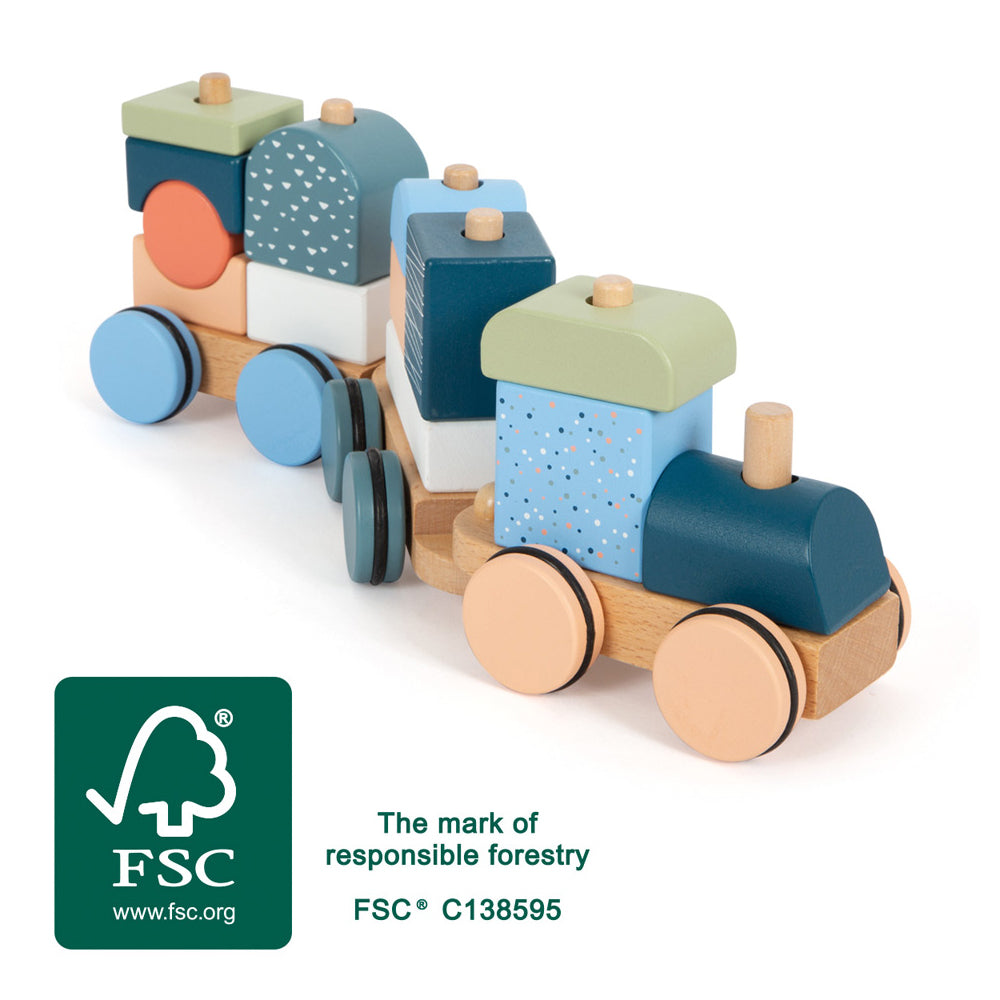 Holzzug „Arctic“: Holzspielzeugeisenbahn mit bunten Bausteinen, versehen mit dem FSC-Logo und einem Text, der auf die Zertifizierung für verantwortungsvolle Forstwirtschaft hinweist.