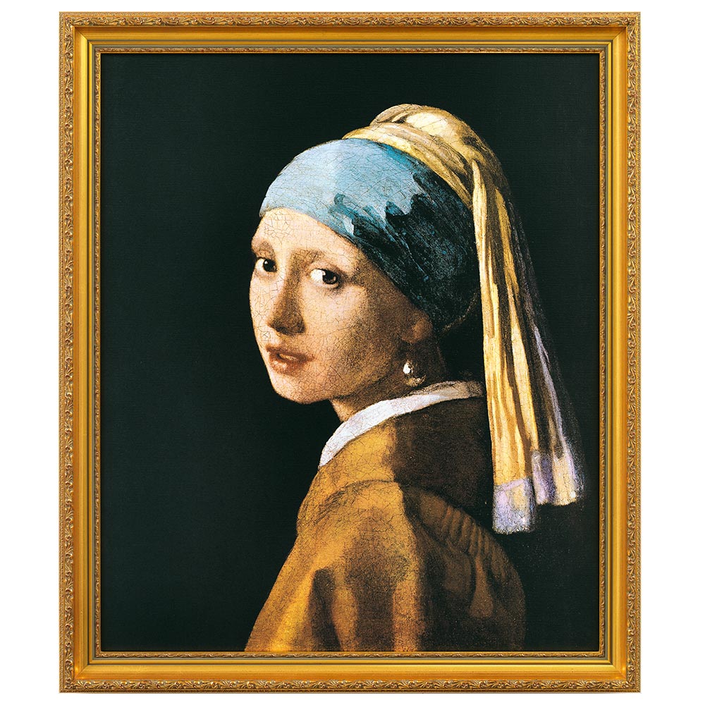 Jan Vermeer van Delft: „Das Mädchen mit dem Perlenohrring“ (1665), gerahmtes Bild. Junge Frau mit blauem Kopftuch und gelbem Kleid im goldenen Rahmen.