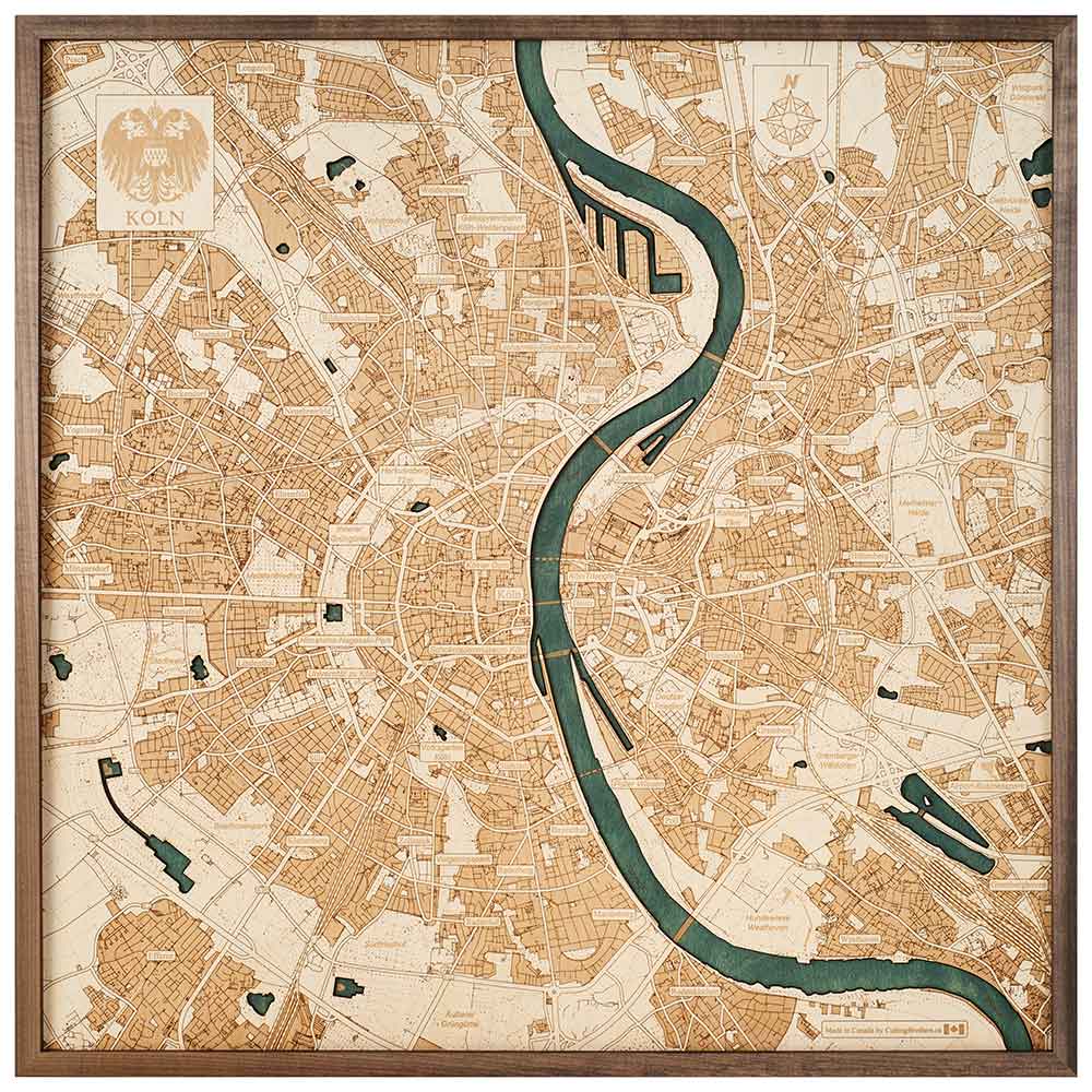 Karte von Köln, Deutschland, im Vintage-Stil, mit detaillierten Straßen und dem Rhein, der vertikal durch das Zentrum verläuft.