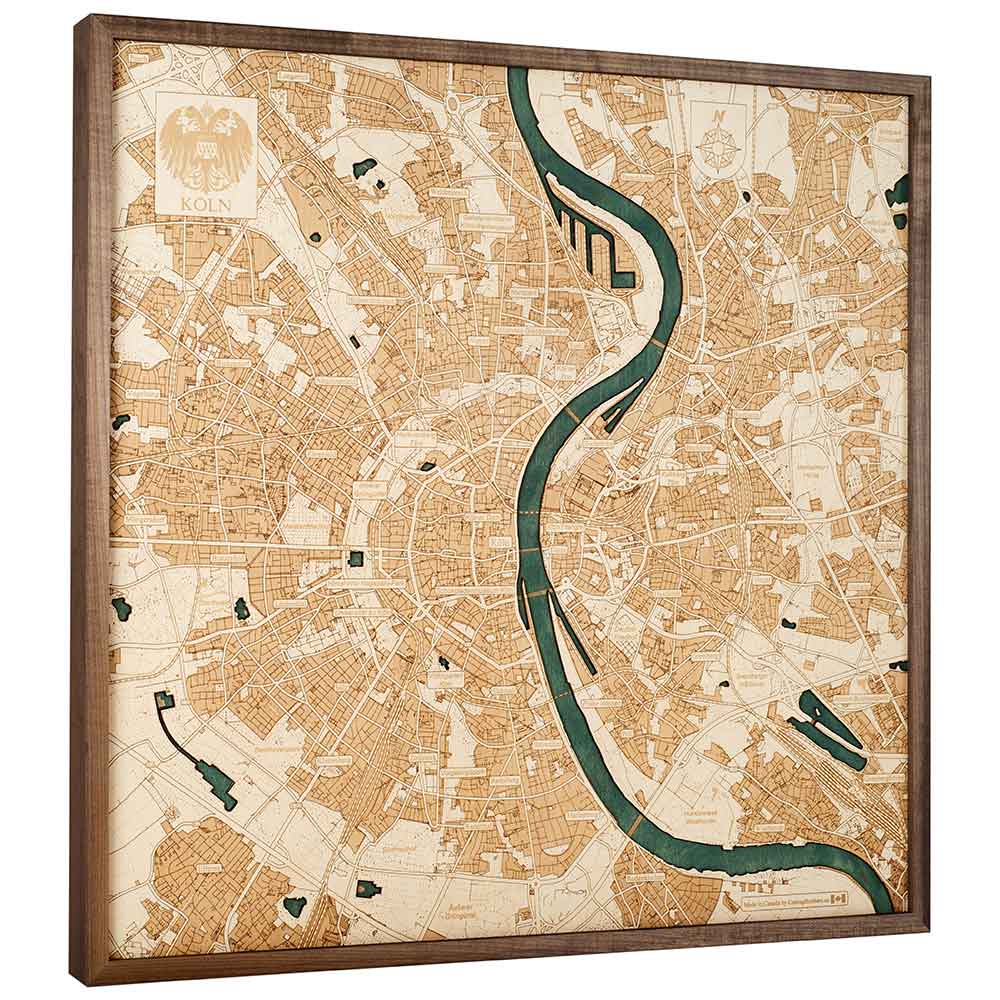 Gerahmter Stadtplan im Vintage-Stil von Köln, Deutschland, mit blau-grüner Markierung der Straßen und des Rheins.