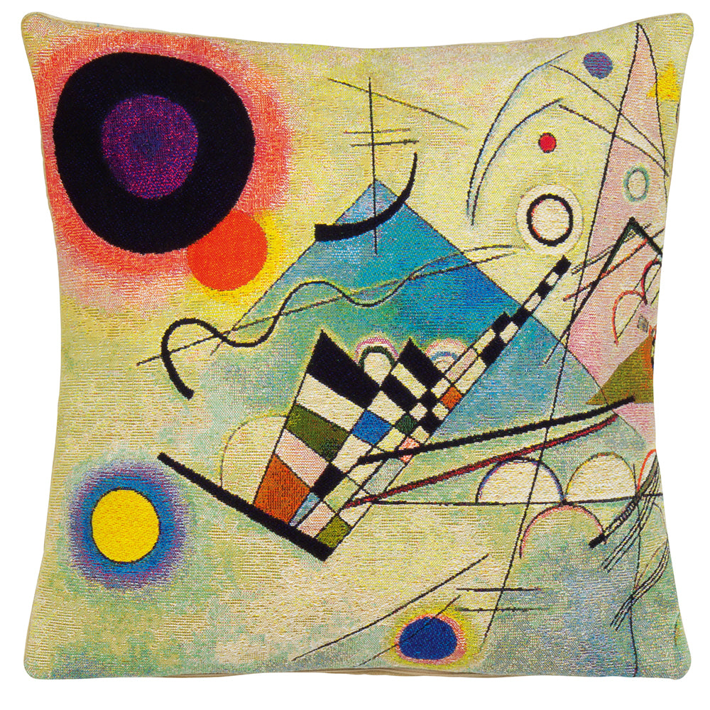 Set mit 3 Kissenbezügen „Komposition VIII A-C“ von Wassily Kandinsky mit farbenfrohen geometrischen und kreisförmigen Formen, inspiriert von moderner Kunst.