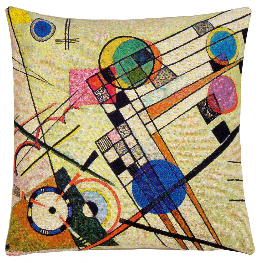 Wassily Kandinsky: Kissenhülle „Komposition VIII C“ – Abstrakter Kissenbezug mit bunten geometrischen Formen, Linien und Kreisen auf gelbem Hintergrund.