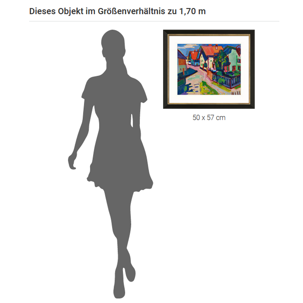 Silhouette einer Frau neben Wassily Kandinskys „Murnau“ (1908), schwarz-silber gerahmt, 50 x 57 cm, zum Größenvergleich abgebildet.