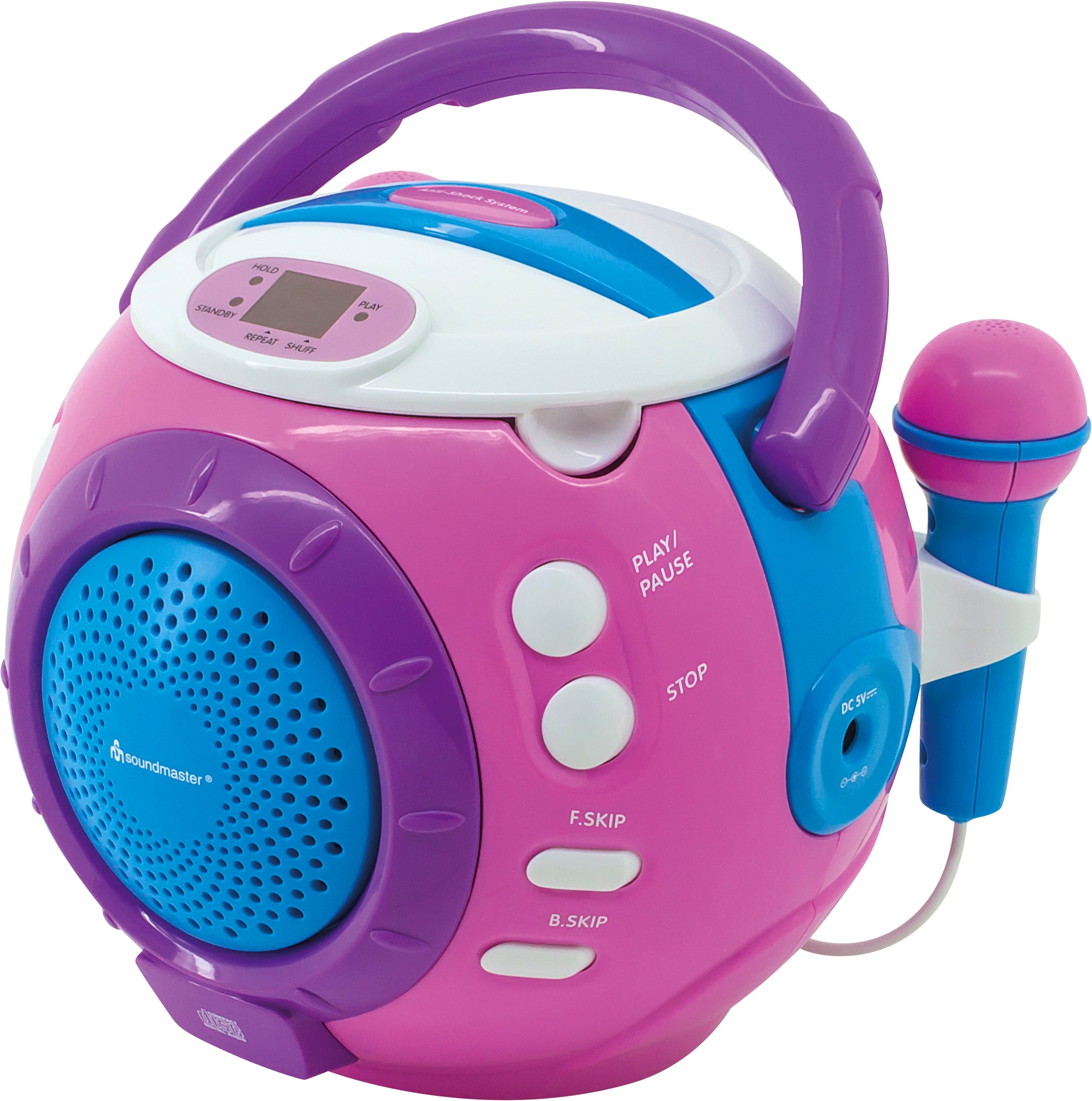 Rosa und lilafarbene Karaokemaschine für Kinder mit eingebautem Lautsprecher, Tasten, Griff und angebrachtem Spielzeugmikrofon.