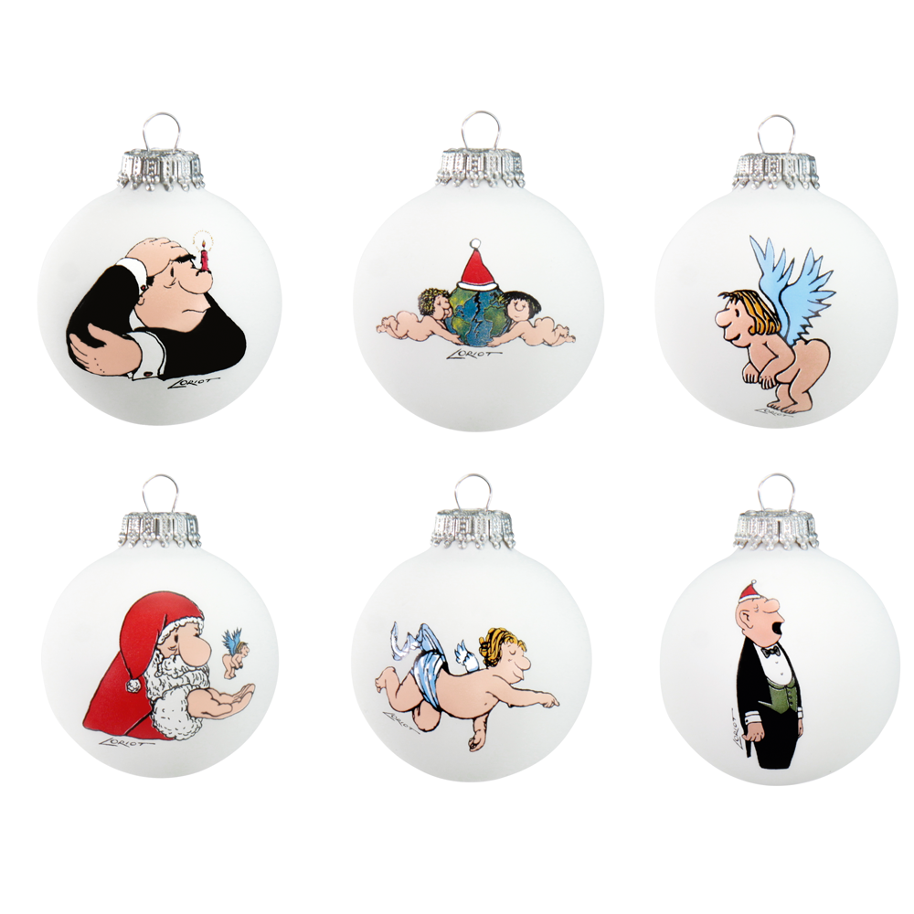 Dieses Set enthält sechs Weihnachtsornamente aus Glas mit humorvollen Designs des Künstlers Loriot, beispielsweise Engel, den Weihnachtsmann und einen Mann im Anzug.