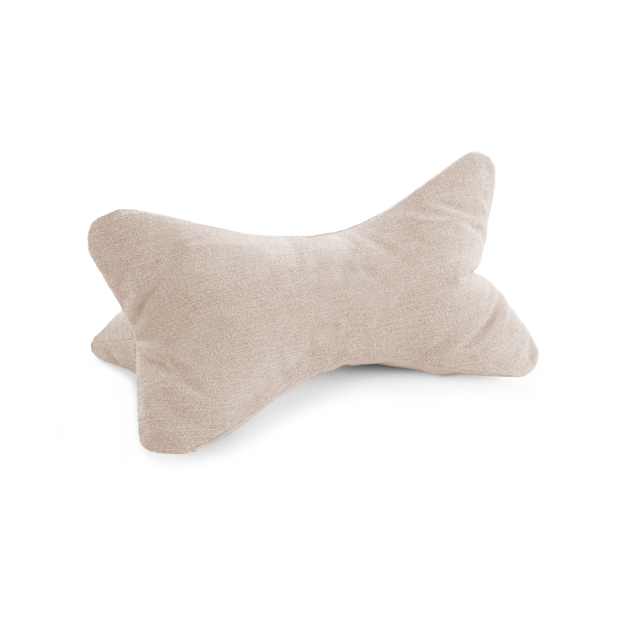 Der Leseknochen Cozy Home – Beige, eine knochenförmige Nackenstütze mit weichem, strukturiertem Stoff, ist vor einem schlichten weißen Hintergrund platziert.