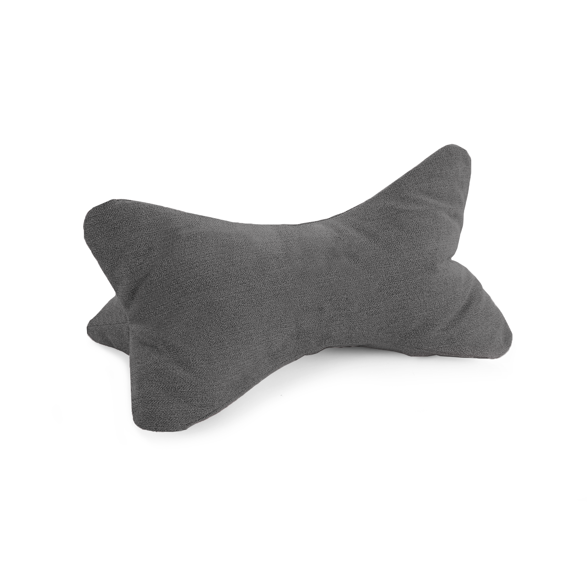 Die Leseknochen Cozy Home - Anthrazit ist eine graue, knochenförmige Nackenstütze mit weichem, strukturiertem Stoff für ergonomischen Komfort beim Lesen, dargestellt auf weißem Hintergrund.