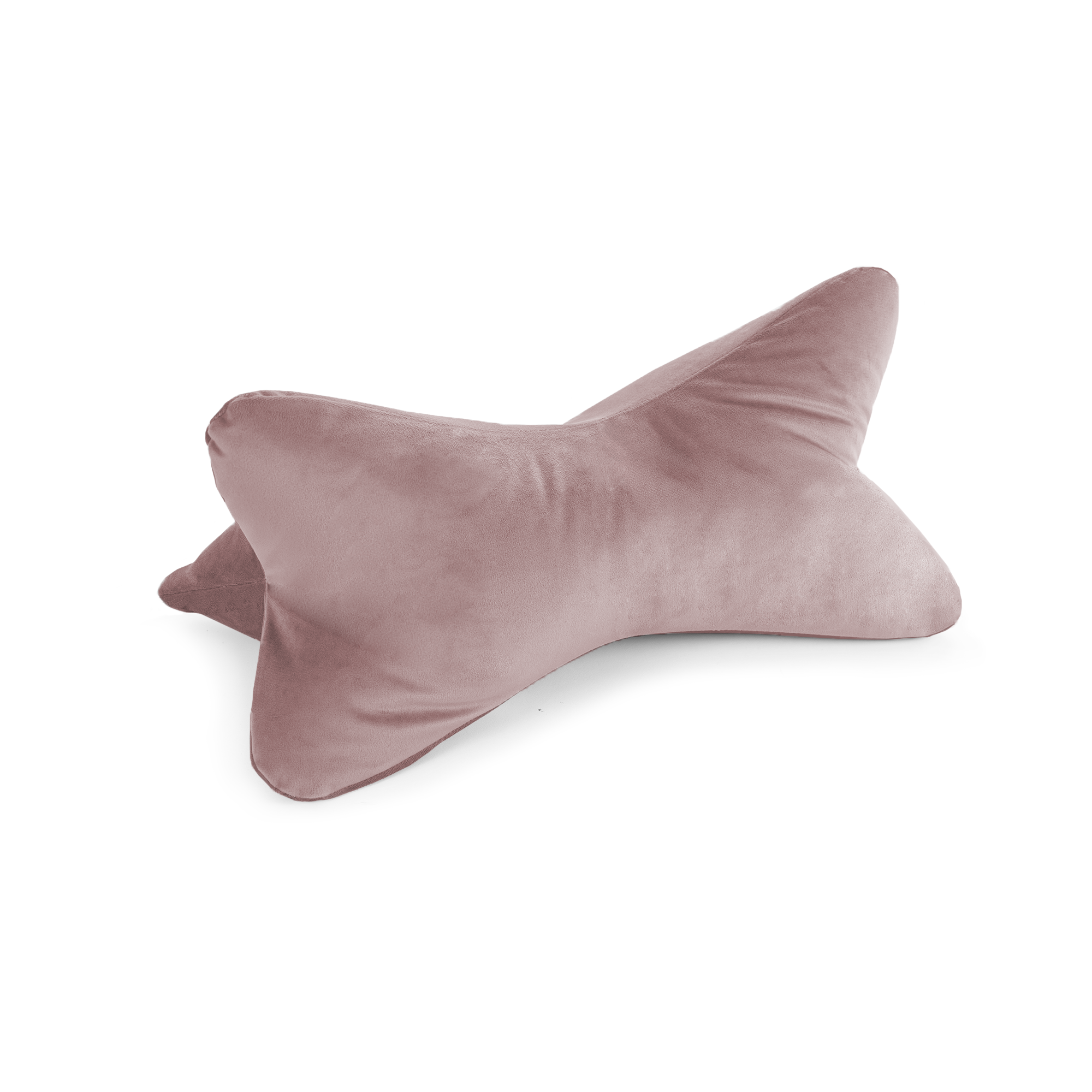 Auf weißem Hintergrund ist ein rosafarbenes, knochenförmiges Leseknochen-Cozy-Samt-Kissen abgebildet, das für ergonomischen Komfort konzipiert ist.