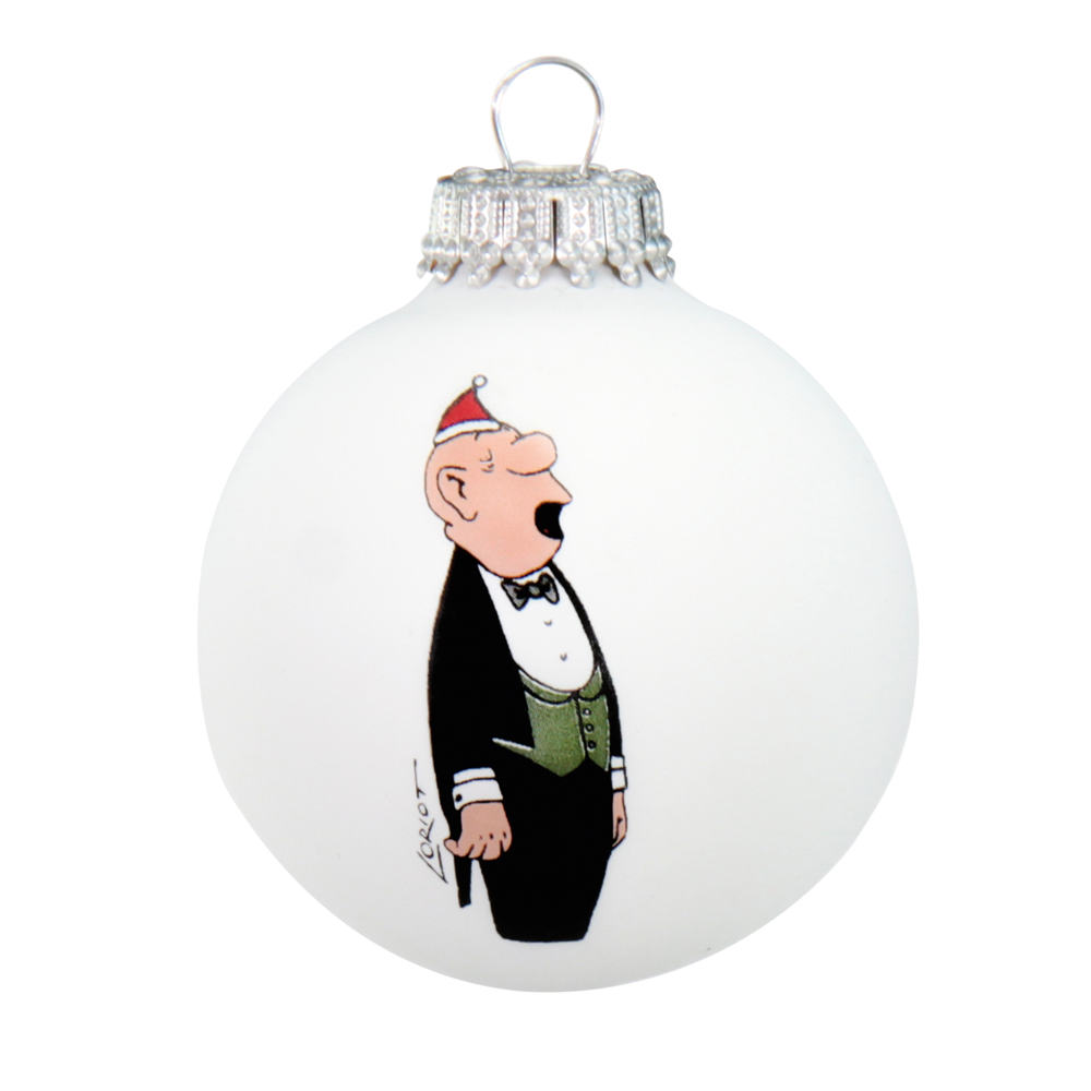 Set aus 6 Weihnachtsornamenten aus Glas mit Künstlermotiven, darunter ein Cartoon-Mann im Smoking und singende Weihnachtsmütze. Produkt: Loriot: 6 Weihnachtsbaumkugeln mit Künstlermotiven im Set, Glas.