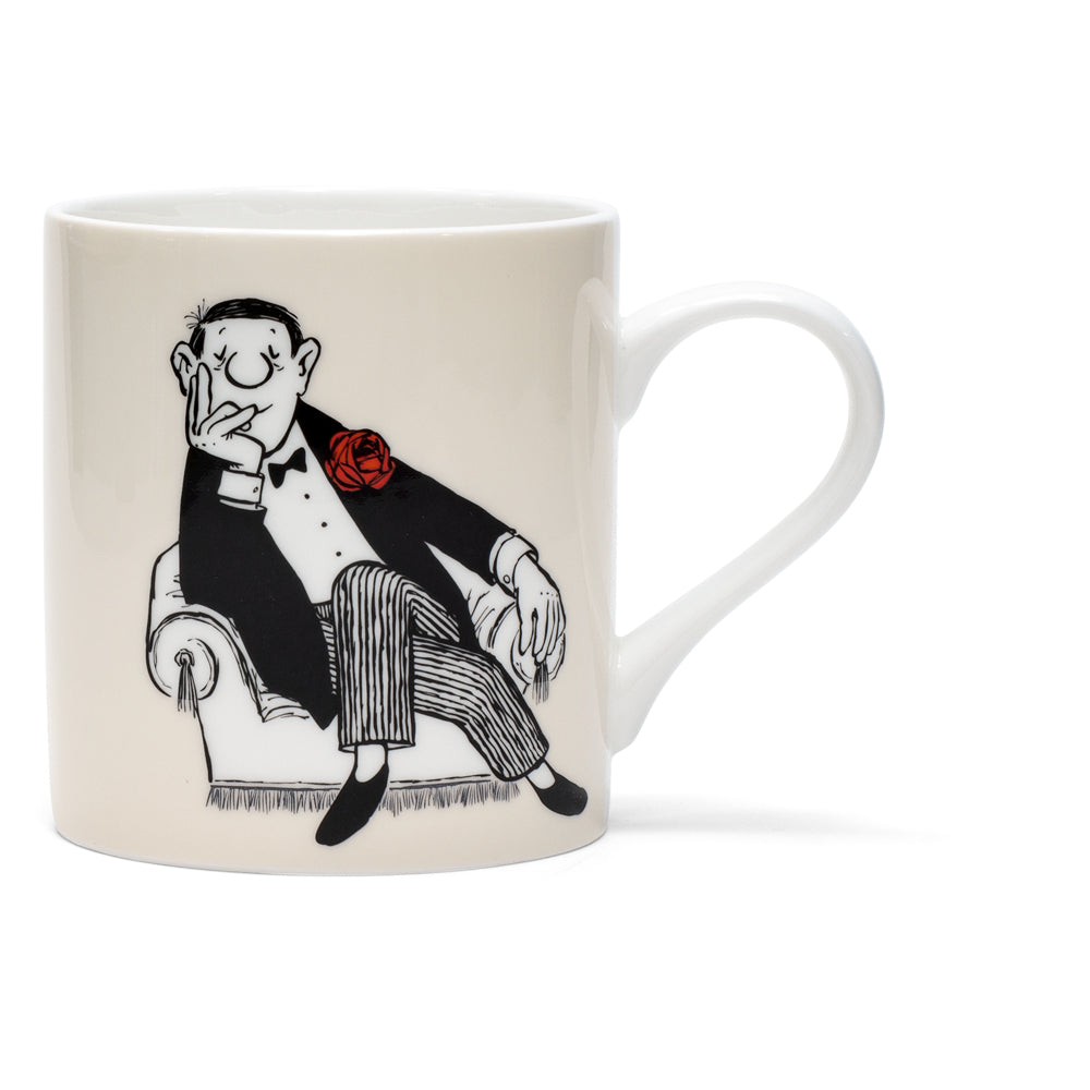 2er-Set Porzellanbecher mit Künstlermotiven: „Der Denker“ und „Herr im Sessel“, mit Abbildungen nachdenklicher Männer in eleganter Umgebung.