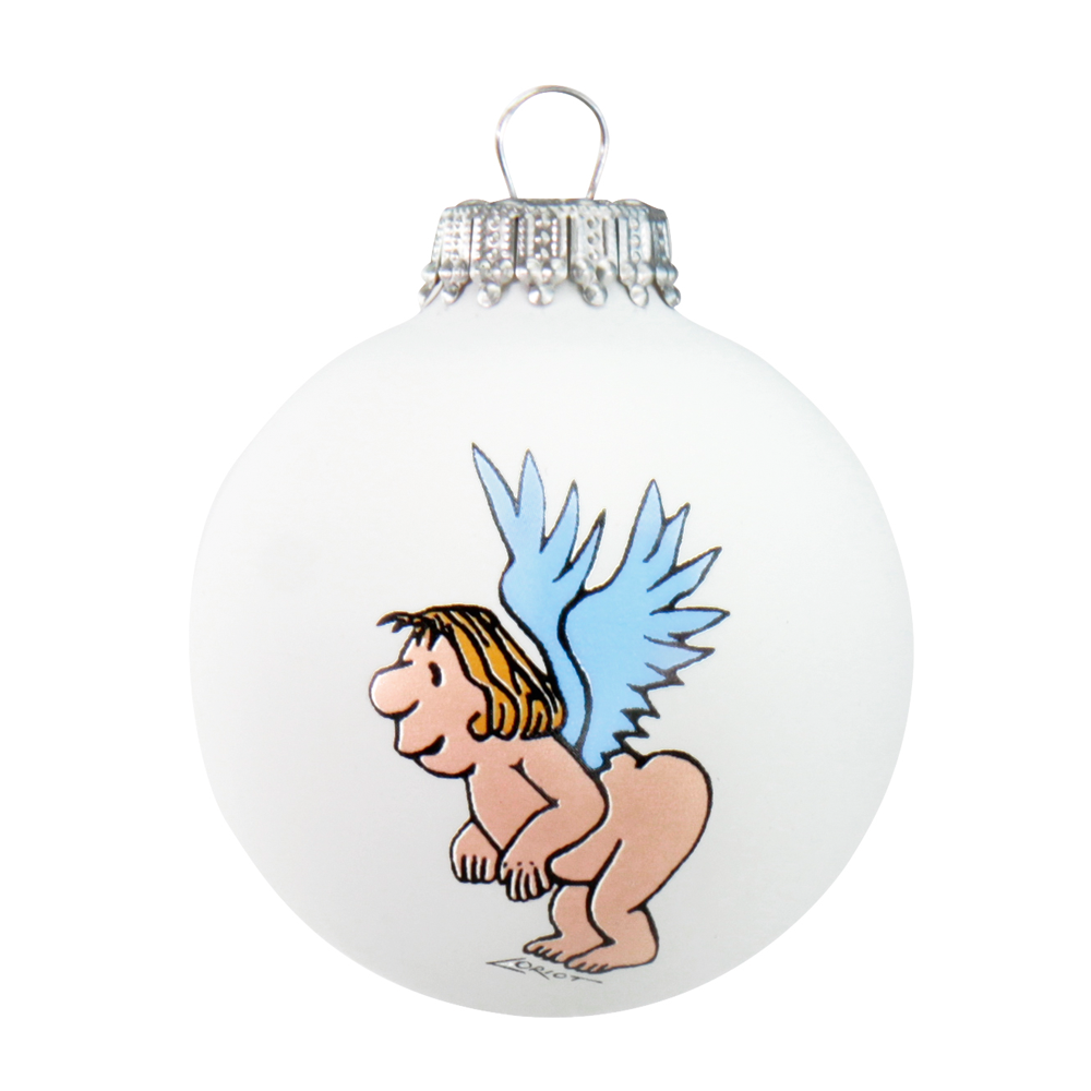 Set aus 6 Loriot-Weihnachtsornamenten aus Glas, jeweils mit von Künstlern entworfenen Motiven, darunter ein lächelnder, nackter Engel mit blauen Flügeln und braunem Haar.