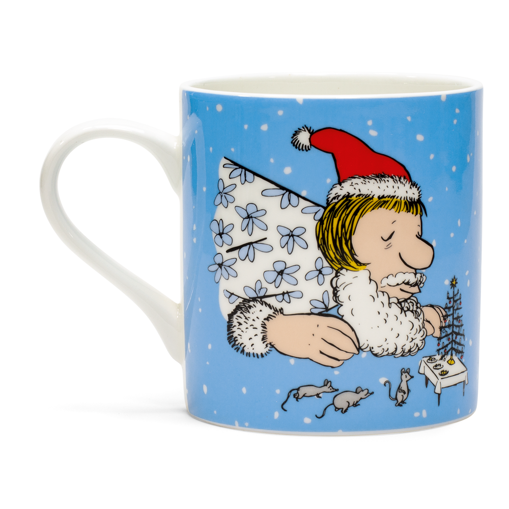 Ein Set aus zwei Loriot-Tassen, „Weihnachtsfrau und Weihnachtswum“, mit festlichen Motiven mit Cartoon-Figuren, Weihnachtsmützen und Weihnachtsdetails.