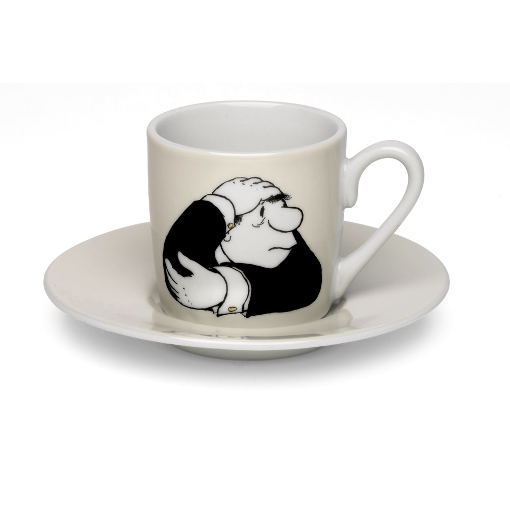 Set aus 4 Espressotassen aus Porzellan mit Künstlermotiven aus der Loriot-Kollektion, jede zeigt einen Cartoon-Mann, der seinen Kopf in den Händen hält.