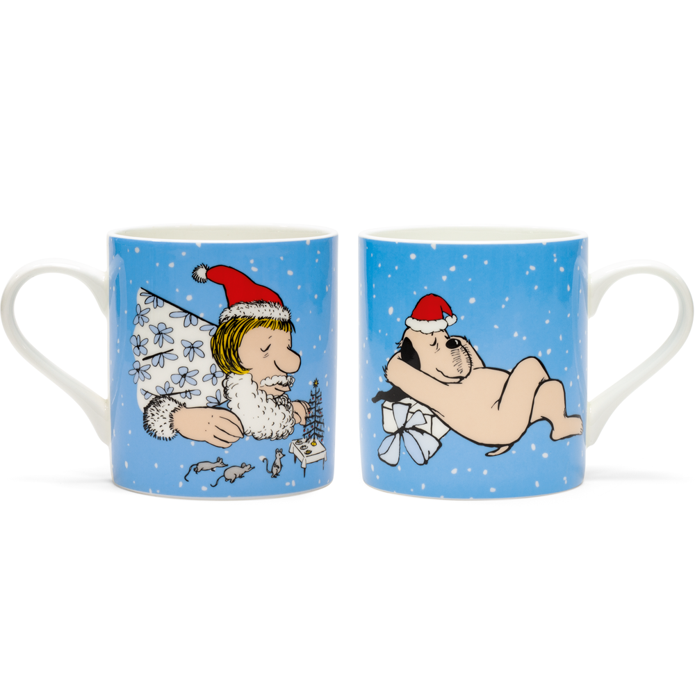 Set aus zwei Loriot-Tassen, „Weihnachtsfrau und Weihnachtswum“, mit Cartoon-Menschen in Weihnachtsmützen, die sich in festlichen Winterszenen entspannen.
