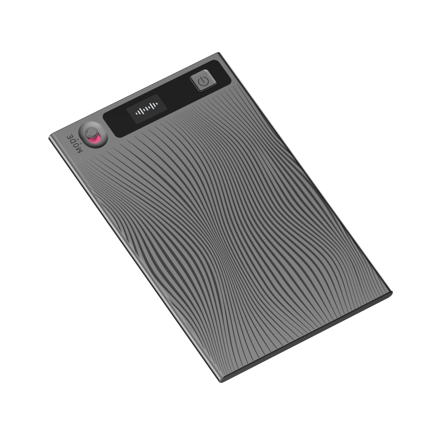 Schlankes, rechteckiges elektronisches Gerät mit einem wellenförmigen Muster, einem Bildschirm und Tasten für Strom und Modus.