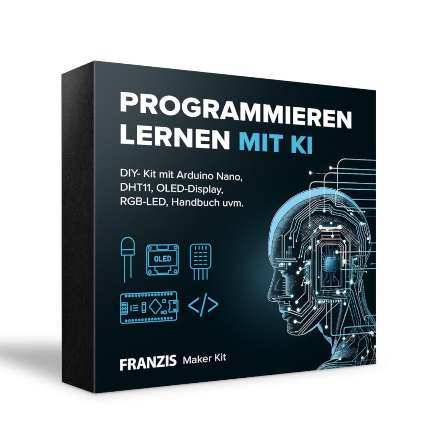 Eine Schachtel mit der Aufschrift Programmieren lernen mit KI mit einem digitalen menschlichen Kopf und Elektroniksymbolen auf der Vorderseite.
