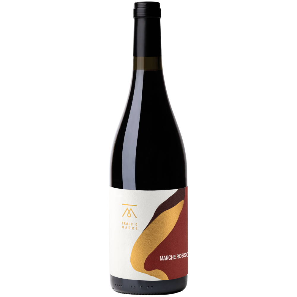 Eine Flasche Rotwein mit einem modernen, abstrakten Etikettendesign in Weiß, Gold, Schwarz und Rot.