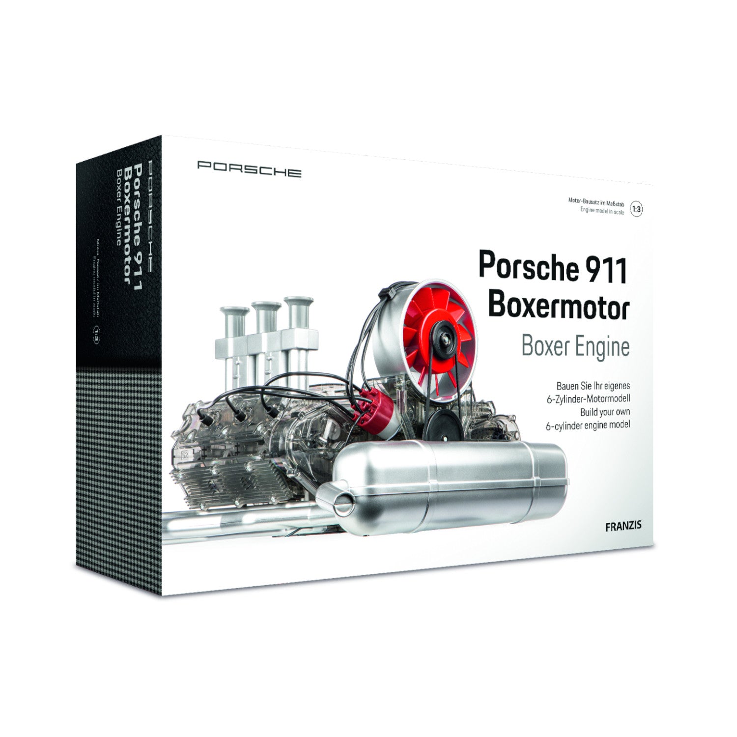 Schachtel mit einem Porsche 911 Boxermotor Modellbausatz mit einer Abbildung des zusammengebauten Motors auf der Vorderseite.
