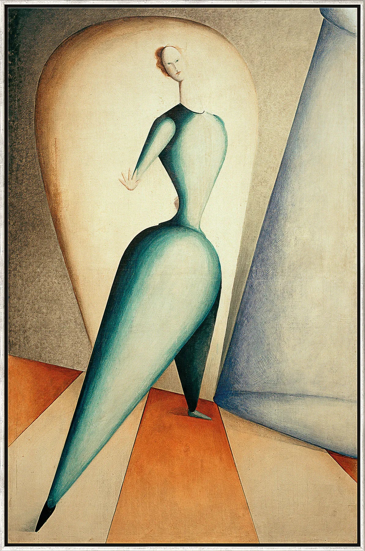 Abstraktes Gemälde einer stilisierten Frau in einem blauen Kleid mit übertriebenen Kurven auf einem geometrischen Boden.