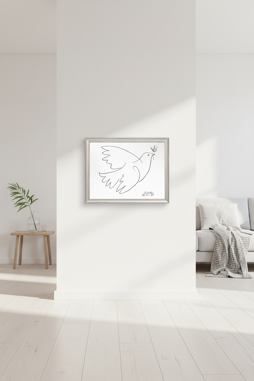 Minimalistisches Wohnzimmer mit weißen Wänden, hellem Holzboden, einem kleinen Tisch mit einer Pflanze, einem grauen Sofa mit einer Decke und einer gerahmten Strichzeichnung einer Taube, die einen Olivenzweig hält.