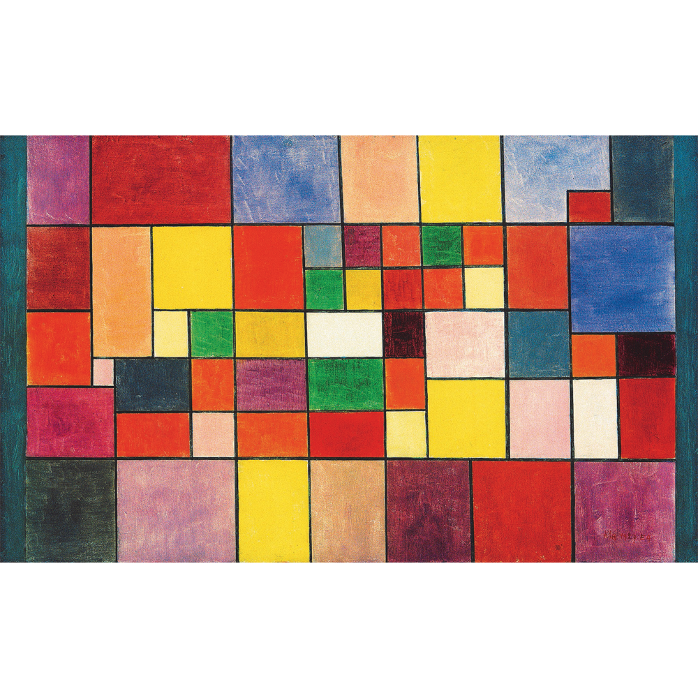 Paul Klees „Harmonie der nördlichen Flora“ (1927): Abstrakte Kunst mit bunten Rechtecken und Quadraten unterschiedlicher Größe, die in einem Raster auf Leinwand angeordnet sind.