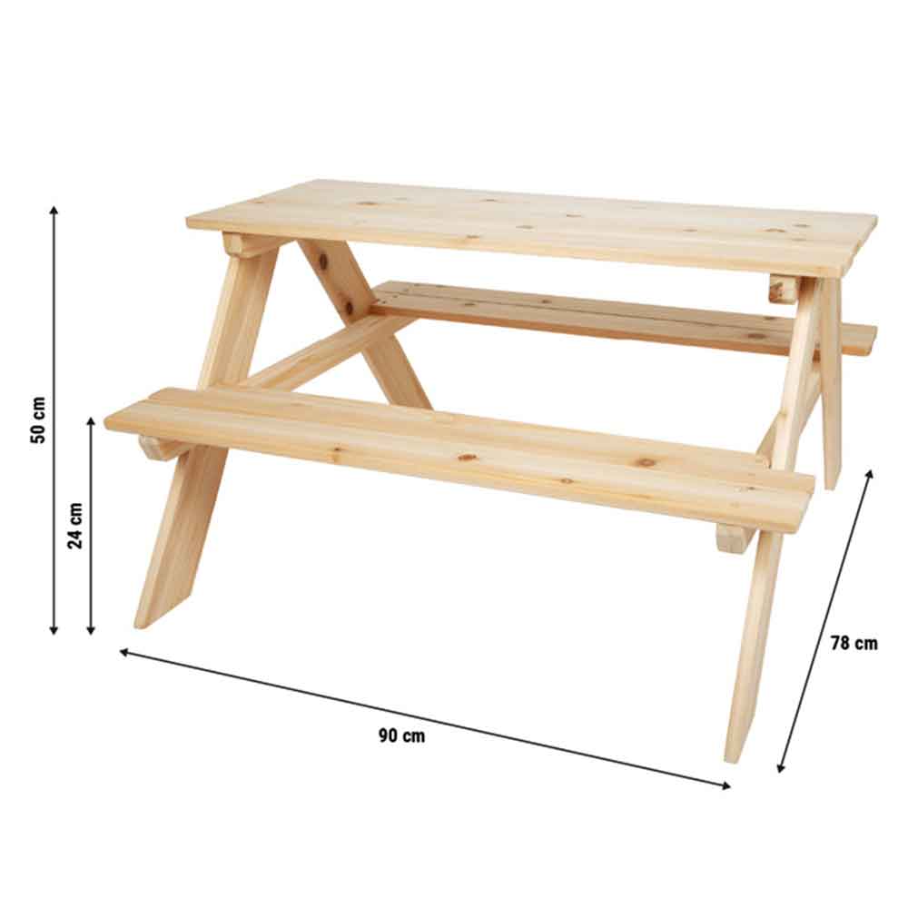 Ein kleiner hölzerner Picknicktisch mit aufgesetzten Bänken; die Maße sind 90 cm lang, 50 cm hoch, 78 cm breit und die Bankhöhe beträgt 24 cm.