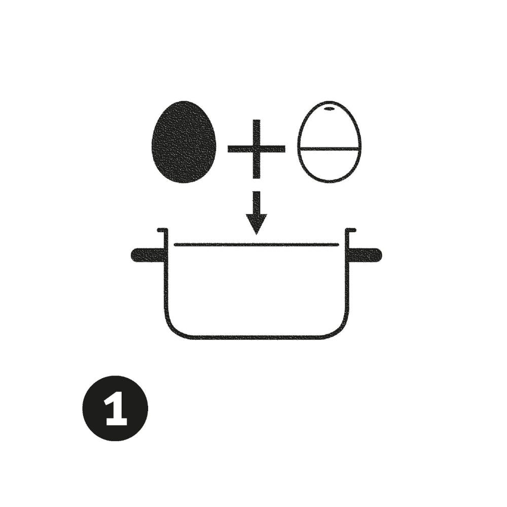 Schwarz-Weiß-Illustration von zwei Eiern, die in einen Topf gegeben werden, mit der Zahl 1 in einem schwarzen Kreis in der unteren linken Ecke.