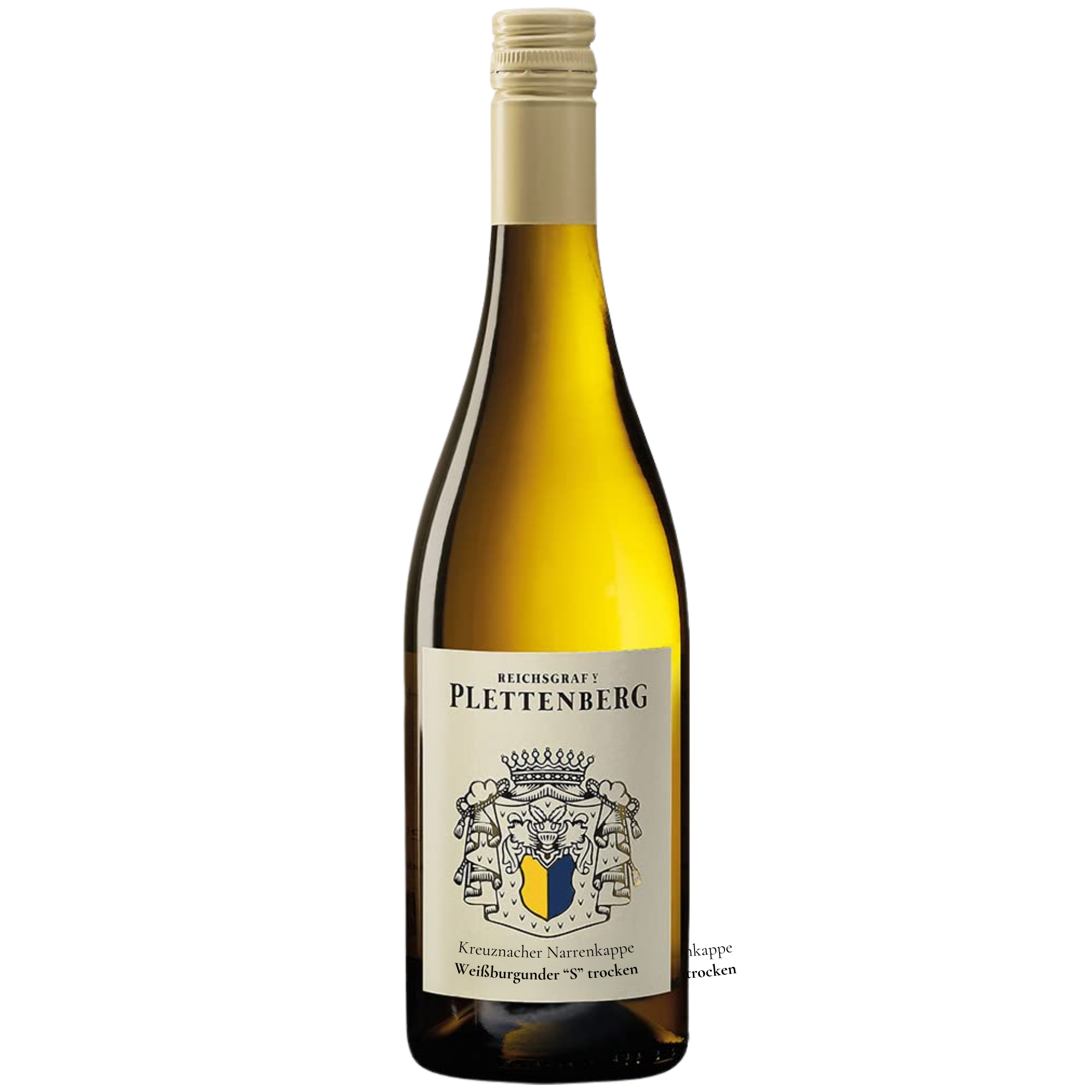 Eine Flasche Plettenberger Weißwein mit einem dekorativen Etikett und einem beigen Schraubverschluss.