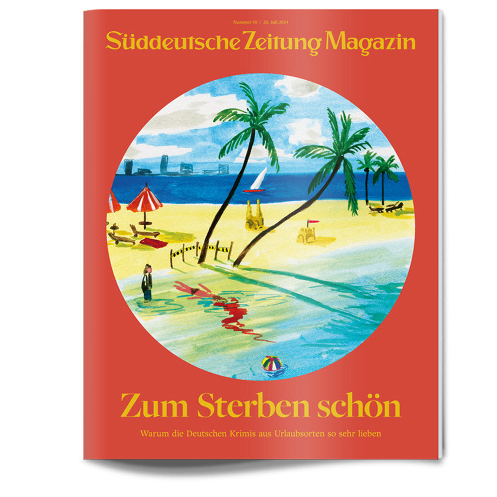 Illustration eines tropischen Strandes mit Strandbesuchern, Palmen und Blutflecken im Sand; Titelbild einer Zeitschrift.