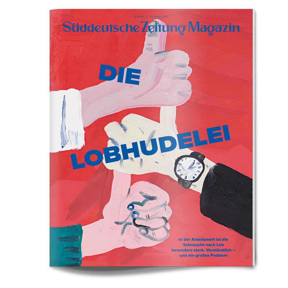 Vier gemalte Hände, die den Daumen nach oben zeigen, auf einem Zeitschriftencover mit dem Text Die Lobhudelei in fetten roten Buchstaben.