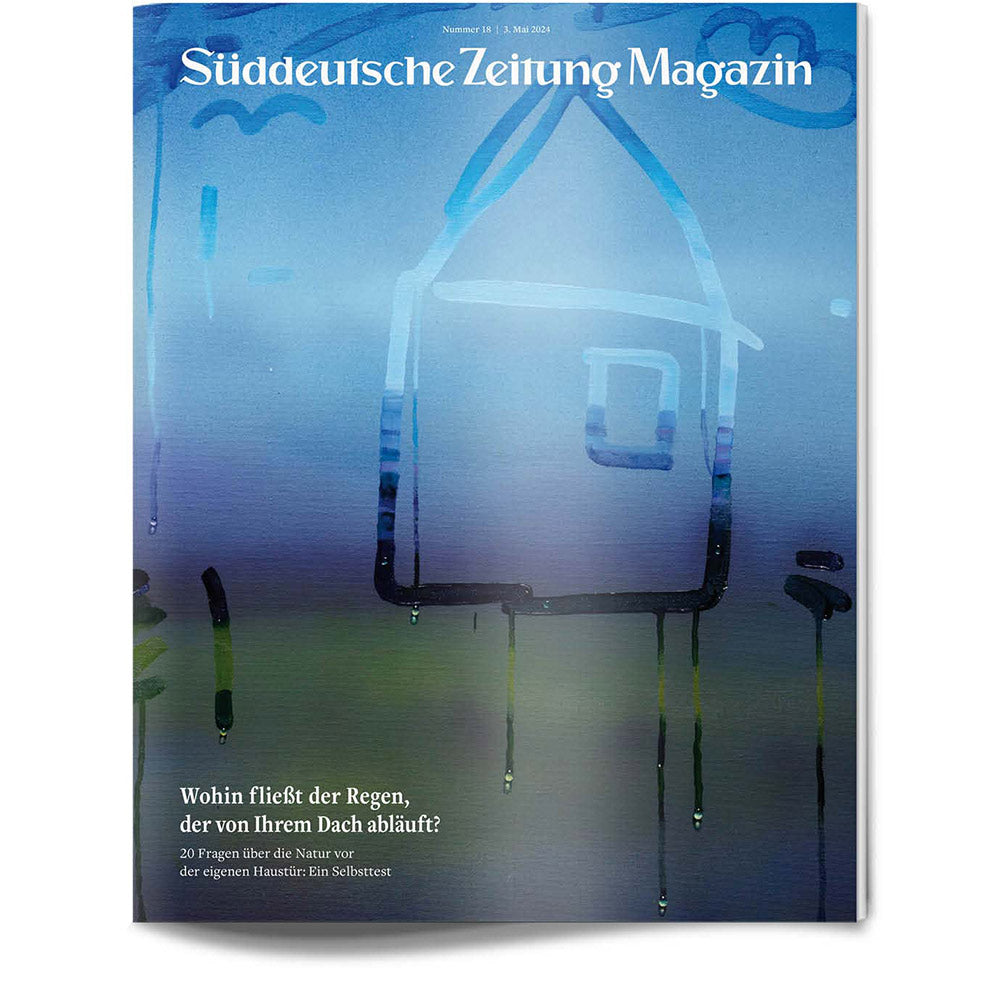 Blauer Zeitschriftenumschlag mit einer einfachen Zeichnung eines Hauses, Regenlinien und deutschem Text am unteren Rand.