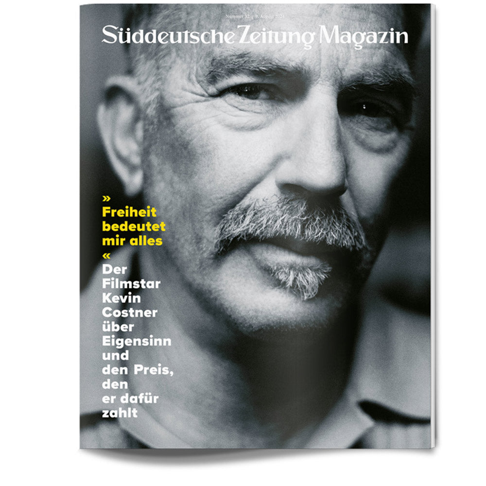 Schwarz-Weiß-Foto eines Mannes mit Schnurrbart in Nahaufnahme auf einer Zeitschriftentitelseite, links deutscher Text.