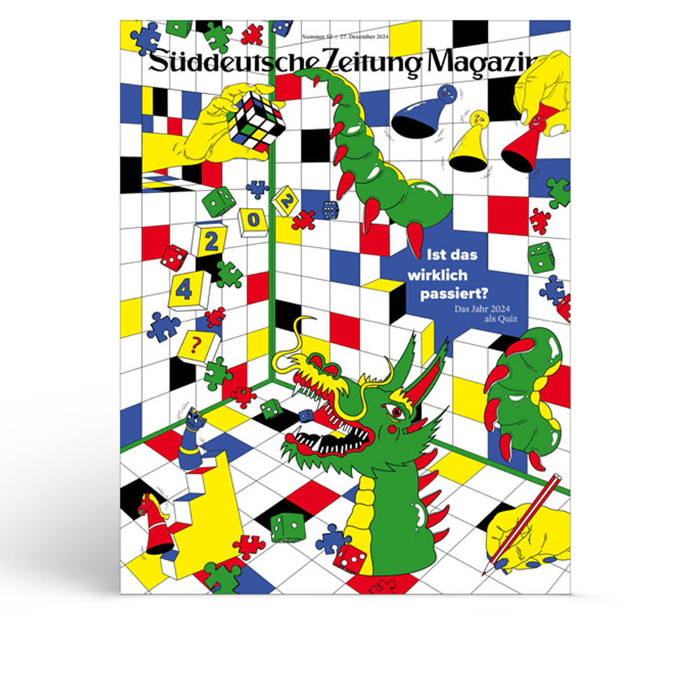 Buntes, surreales Cover mit grünem Drachen, Puzzleteilen und geometrischen Mustern im Süddeutsche Zeitung Magazin.