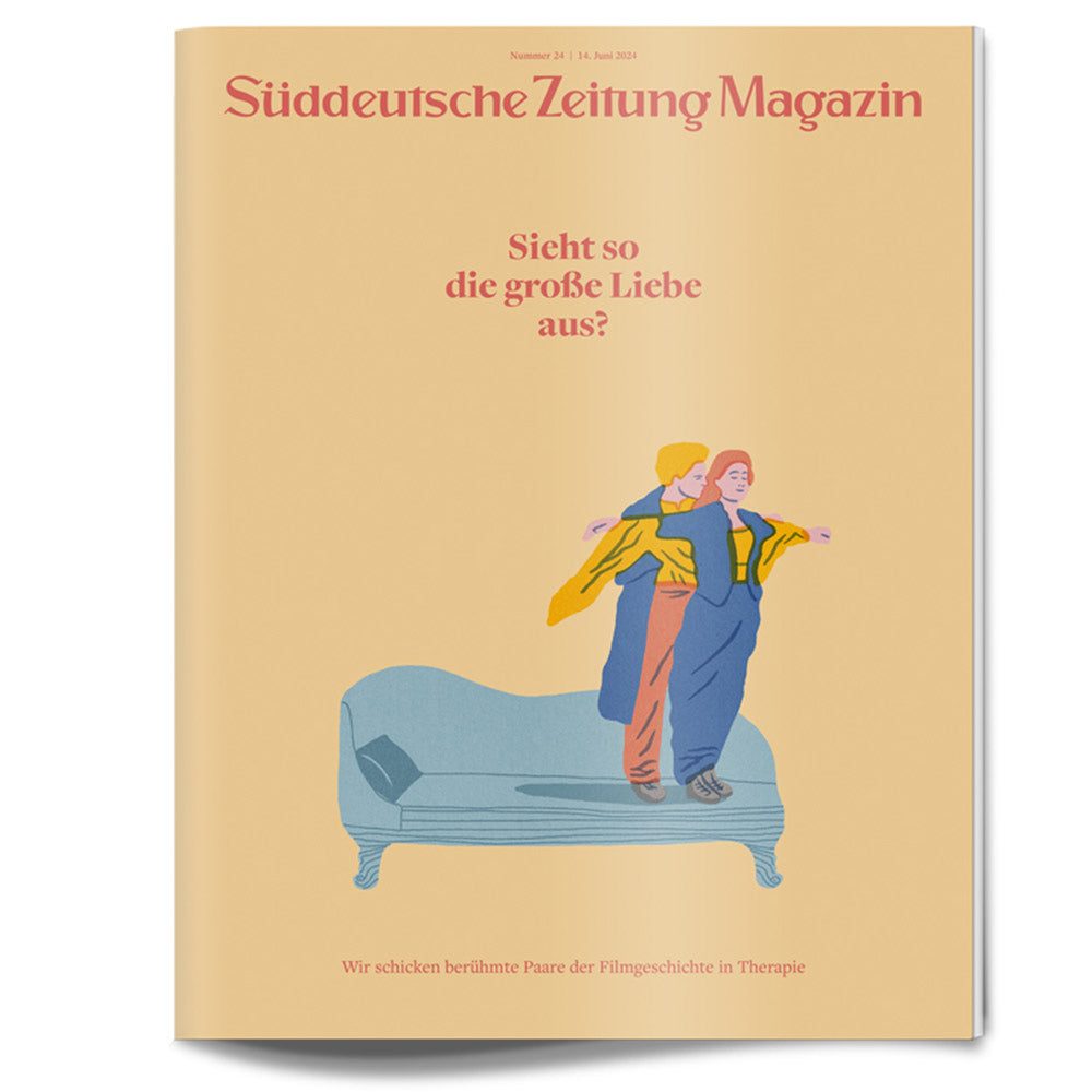 Das Titelbild zeigt zwei Menschen, die sich auf einer Couch umarmen, mit einem deutschen Text über die große Liebe und berühmte Filmpaare.